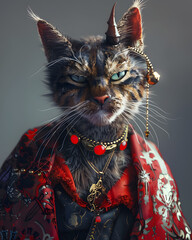 A stylish devil cat in a designer dress