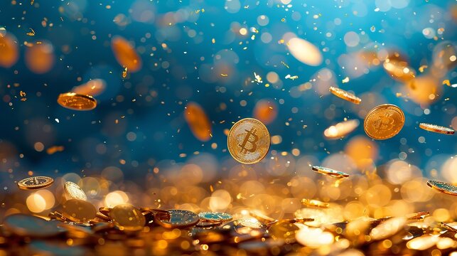 Shiny gold coins and bitcoin in mid-air with a blue background