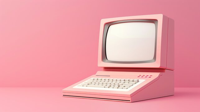 Retro old computer monitor with a blank screen and an isolated keyboard on light pink background.