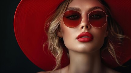 Obraz premium A beautiful woman in a red hat and sunglasses on a black background