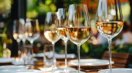 Glasses of white wine served on table in restaurant