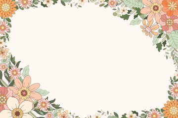 Hand Drawn Groovy Retro Flower Frame Background