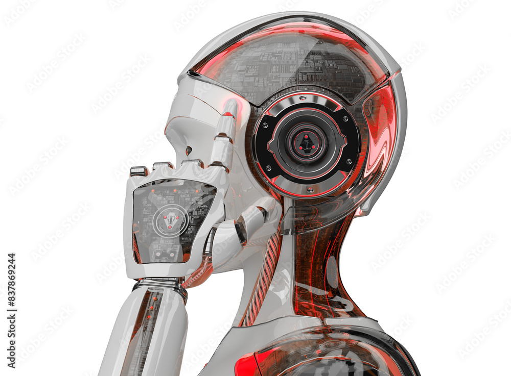 Leinwandbilder futuristic woman robot touching her head. isolated cyborg using artificial intelligence. 3d renderin