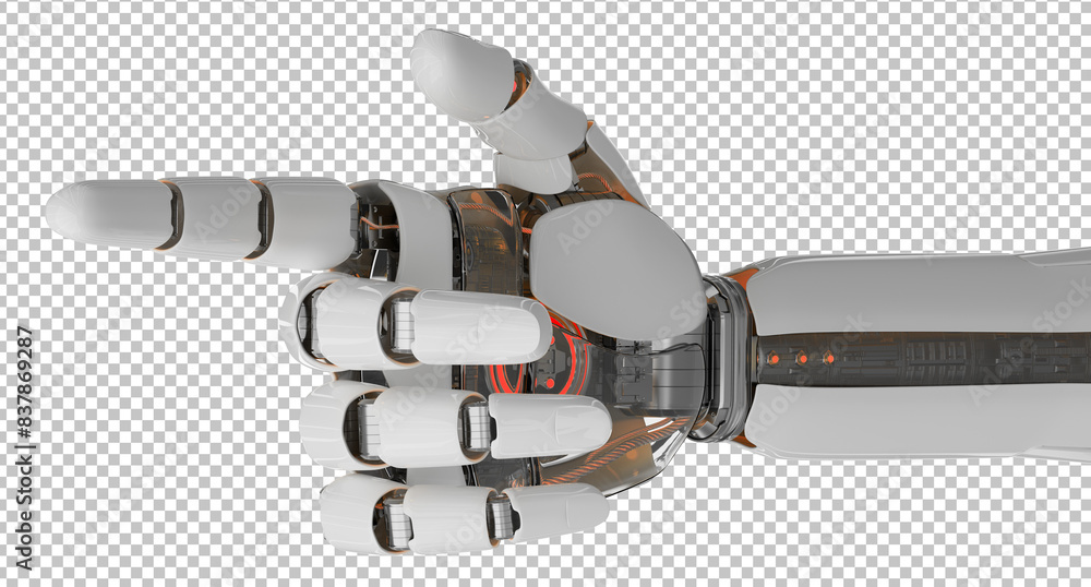 Poster Isolated robot hand pointing finger. 3D rendering white and red cyborg arm. Humanoid fingers cut out with transparent background