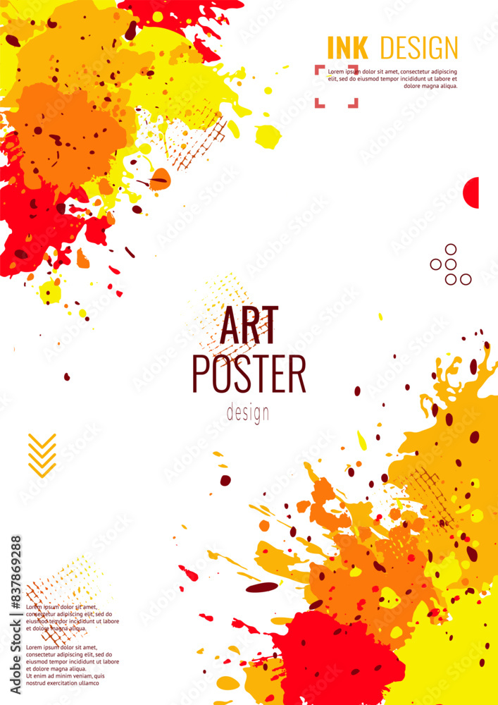 Poster hand drawn poster with yellow and orange blots on a white background. chaotic splashes of ink, drops