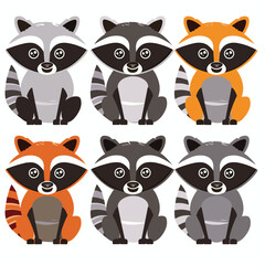 Cartoon raccoons sitting, standing, various poses, cute raccoon characters collection, animals. Six raccoon illustrations, stylized design, simplified forms, playful wildlife creatures. Grey, black