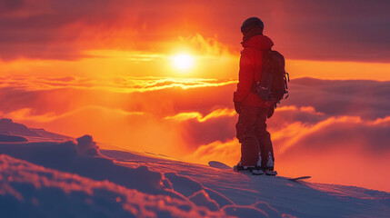 Snowboarder silhouetted against a vibrant sunset over snowy alpine peaks