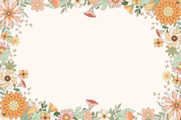 Hand Drawn Groovy Retro Flower Frame Background