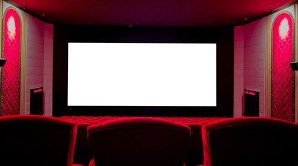 Fototapeta premium Blank cinema with empty white movie screen. cinema mockup