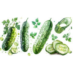 Set Cucumber on a white background watercolor hand drawing