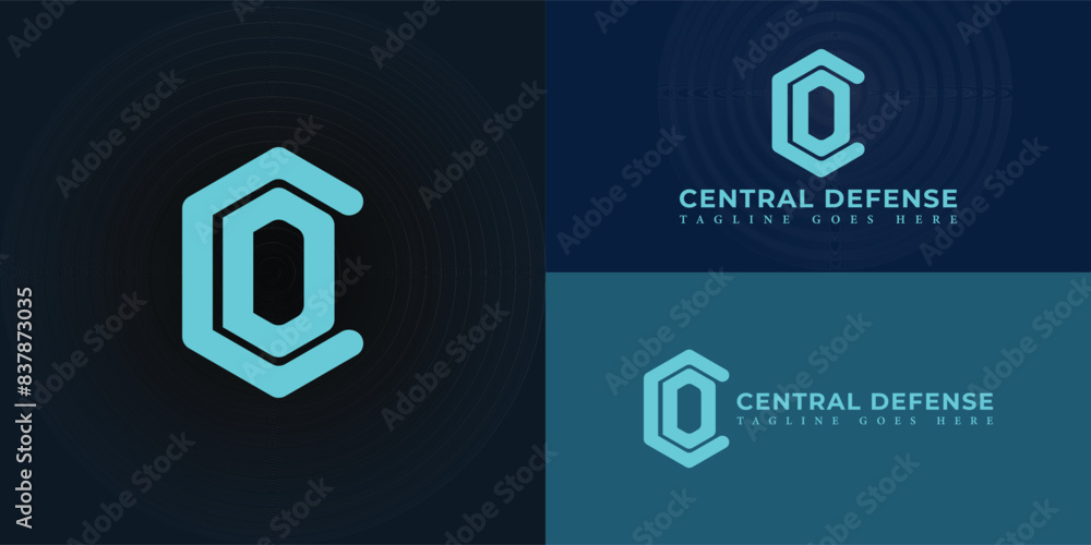 Poster abstract initial hexagon letters cd or dc logo in blue color isolated on multiple background colors.