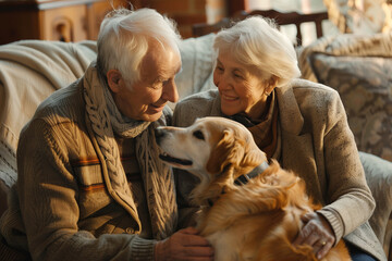 Fototapeta na wymiar In a warm and comfortable home setting, an elderly couple shares a cozy moment with their friendly golden retriever dog, showcasing love, togetherness, and a strong bond