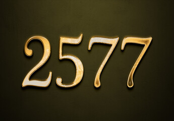 Old gold effect of 2577 number with 3D glossy style Mockup.