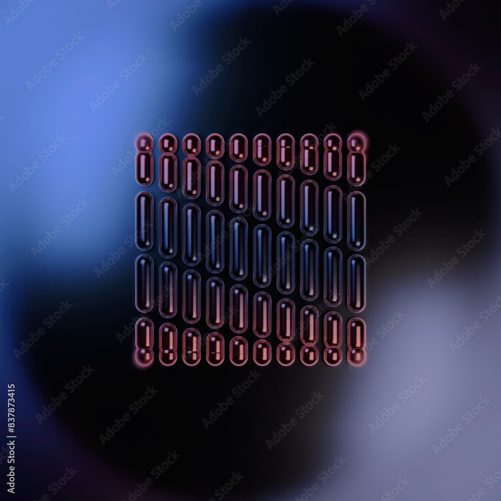 Poster Digital illustration of a group of capsules arranged in a square on a dark glossy background. 3d rendering