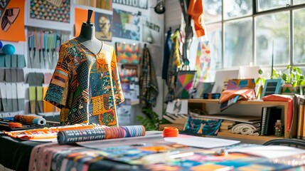 Colorful fashion design studio with fabrics and tools