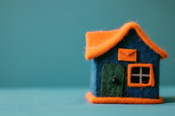 Blue and orange needle felted post office with envelope icon. Plushie felt toy mail house on a blue background with copy space.