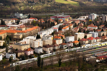 Trencin, Slovakia, March 10, 2024 Bird eye view photo of the famous Europe city in Slovakia residential buildings The river of Vah in the spring