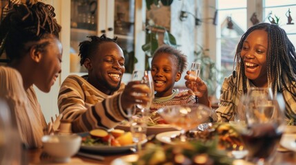 A joyful family gathered around the dining table, enjoying a homemade meal together while laughing...