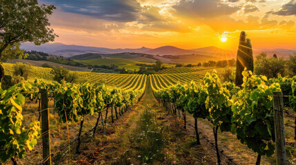 Naklejka premium Golden Sunset Over Grapevines, Harvest time, a stage in the wine-making process, les vendanges, grape harvesting, a seasonal job.