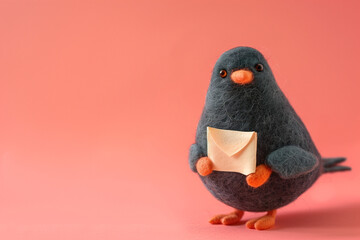 Needle felted cute messenger pigeon delivering a letter. Felt toy bird holding an envelope on a pink background with copy space.