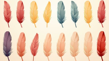 Unique vintage feather pattern design in pastel tones, featuring flat illustrations for a nostalgic and highresolution quality look.