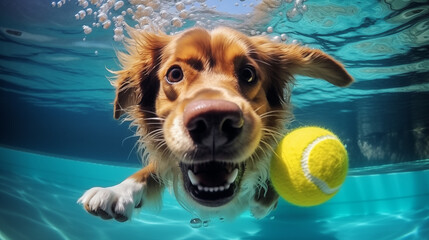 Dogs dive or swim in the pool, having fun, relaxing during the hot summer months.