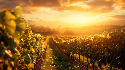 Fototapeta premium Golden Sunset Over Vineyard Rows, Harvest time, a stage in the wine-making process, les vendanges, grape harvesting, a seasonal job.