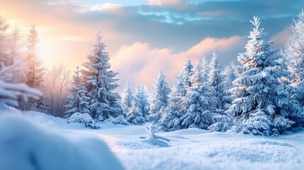 Obraz premium Snow-covered pine trees, winter wonderland, serene atmosphere