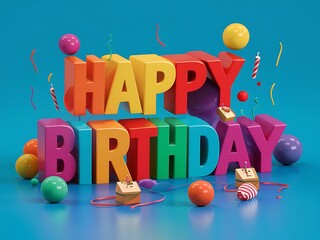 Happy Birthday Text with Colorful Balloons and Confetti