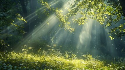 Forest with sunbeams, tranquil atmosphere, vibrant greenery, natural beauty, copy space