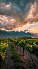 Naklejka premium Magnificent Grapevines and Majestic Mountains, Harvest time, a stage in the wine-making process, les vendanges, grape harvesting, a seasonal job.