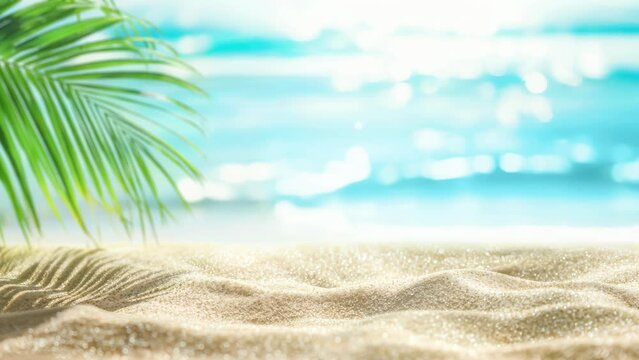 Palm Leaf Shadow on Sandy Beach with Blue Ocean Water in the Background. Beach Vacation Concept. Seamless loop video