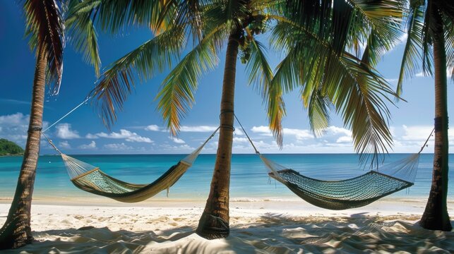 Serene Friends Relaxing in Hammocks on Tropical Beach with Palm Trees and Waves in Blissful Relaxation