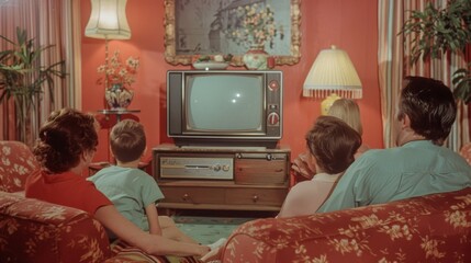 A family gathered around a retro television set in a 1960s-style living room