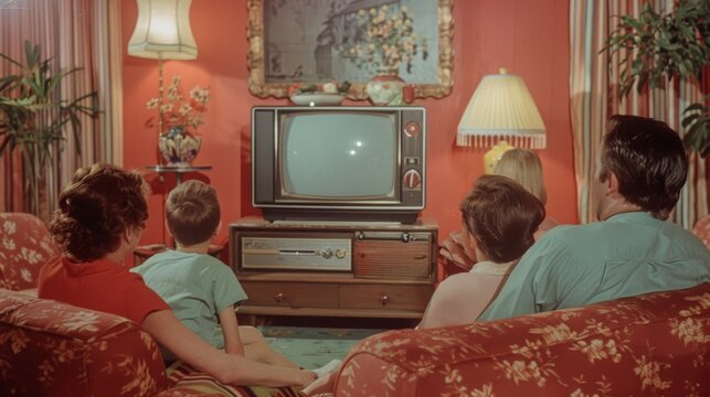 A family gathered around a retro television set in a 1960s-style living room