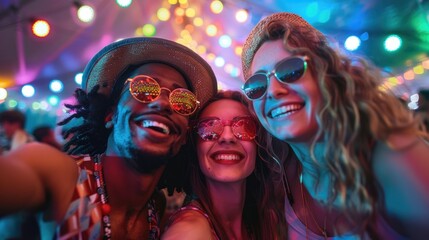 Vibrant Moments: Friends Capturing Memories with Selfie at Colorful Music Festival.