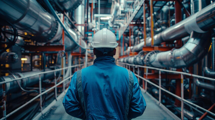 A gas industry researcher stands inside a refinery.