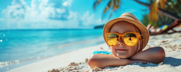 Obraz premium a child sunbathes on the sand by the azure sea against the backdrop of palm branches as an invitation to a wonderful sea holiday and travel