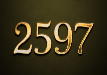 Old gold effect of 2597 number with 3D glossy style Mockup.	