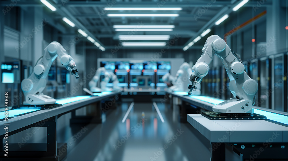 Poster a robot is in a room with other robots. the robot is white and has a black head. the room is very cl