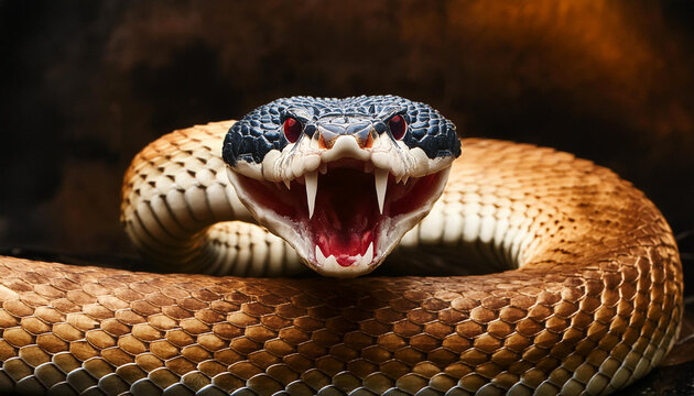 snake bite frontal into the camera, fangs, gloomy, head, scale, grim, big eyes
