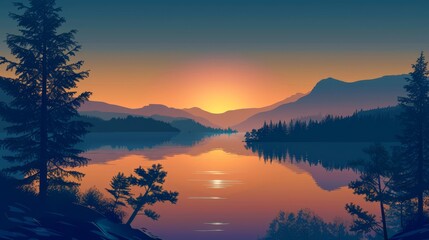 Obraz premium Realistic lake scenery flat design top view dawn animation monochromatic color scheme