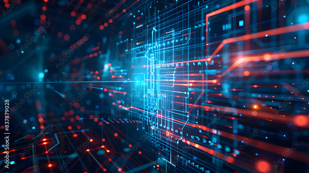Poster a high-tech interface showing a cybersecurity network, network, dynamic and dramatic compositions, w