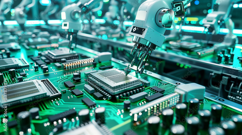 Aufkleber a computer chip is being assembled by a robot. the robot is surrounded by other robots, and the asse