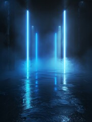 Misty neon corridor with blue lights creating a vibrant and atmospheric pathway, perfect for sci-fi or cyberpunk environments.
