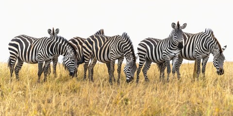 Obraz premium Herd of zebras grazing on a savanna, highlighting the vibrant beauty and diversity of wildlife in their ecosystem, isolated white background, copy space