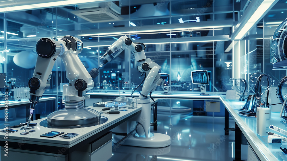Poster a group of robots are working in a lab, with one of them holding a small object. the scene is futuri