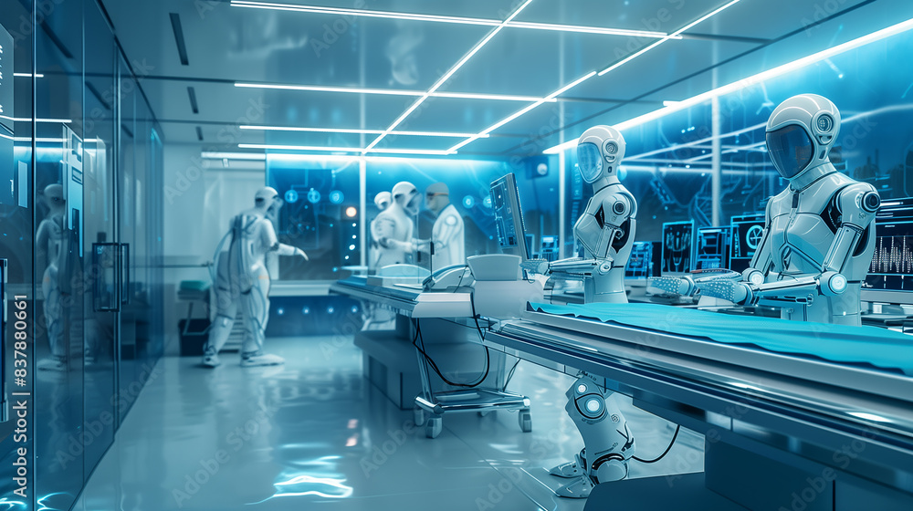 Poster a group of robots are working in a lab, with one of them holding a small object. the scene is futuri