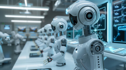 A group of robots are working in a lab, with one of them holding a small object. The scene is futuristic and industrial, with a sense of purpose and efficiency