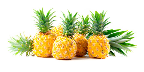 Close-up of ripe pineapples on a tree branch. Vibrant citrus fruits and green leaves convey freshness and healthy living